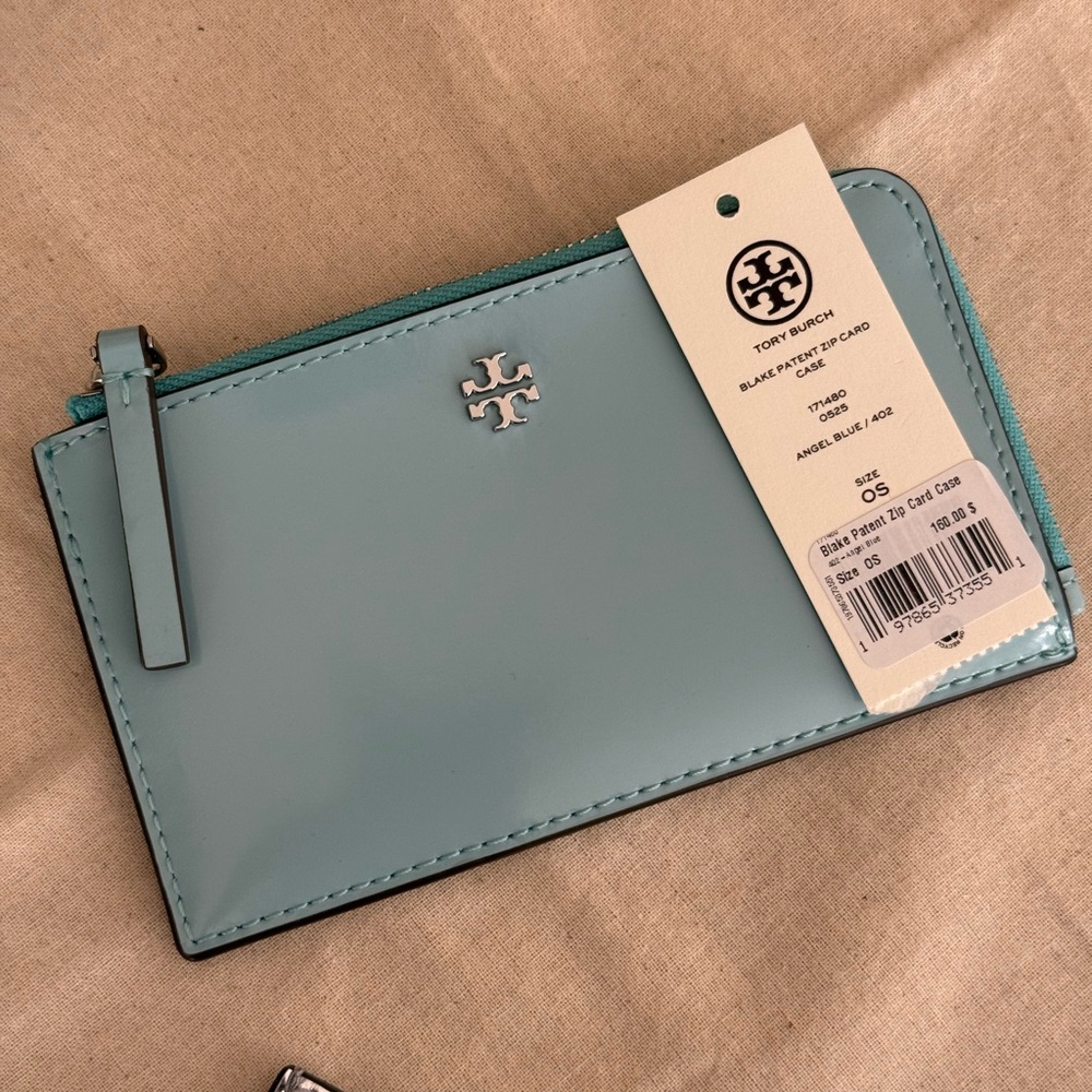 New Tory Burch BLAKE PATENT ZIP CARD CASE  ANGEL BLUE - Picture 2 of 5